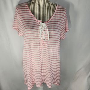Freshman NWT Pink & White Striped Lightweight Short Sleeve Sweater Size Large